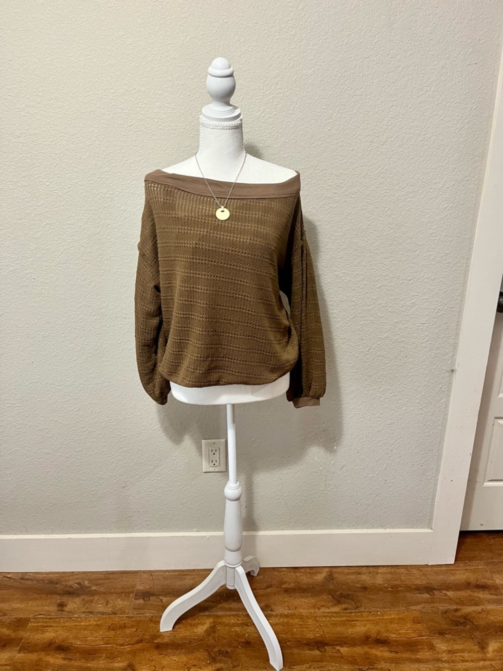 Brown Off-Shoulder Lightweight Knit Sweater